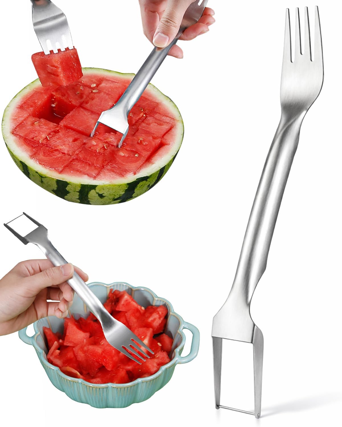 Watermelon Fork Slicer Cutter 1 Pack, 2-in-1 Stainless Steel Fruit Fork