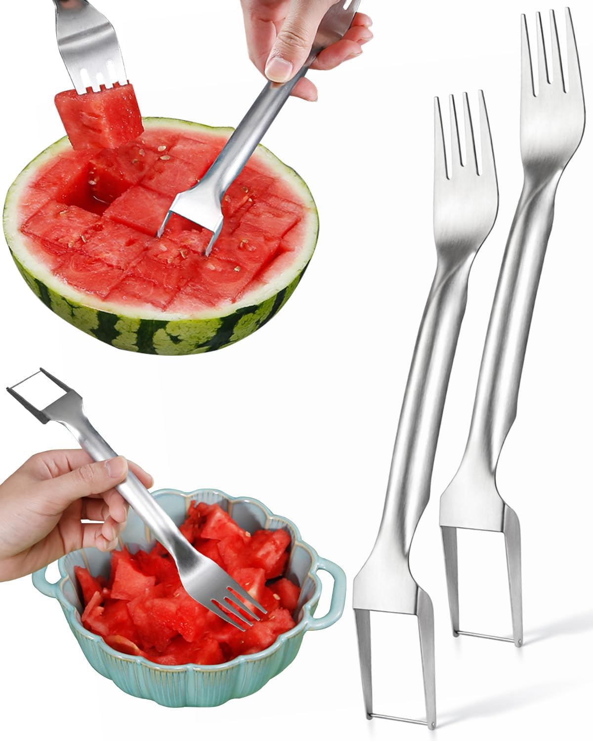 Watermelon Fork Slicer Cutter 1 Pack, 2-in-1 Stainless Steel Fruit Fork