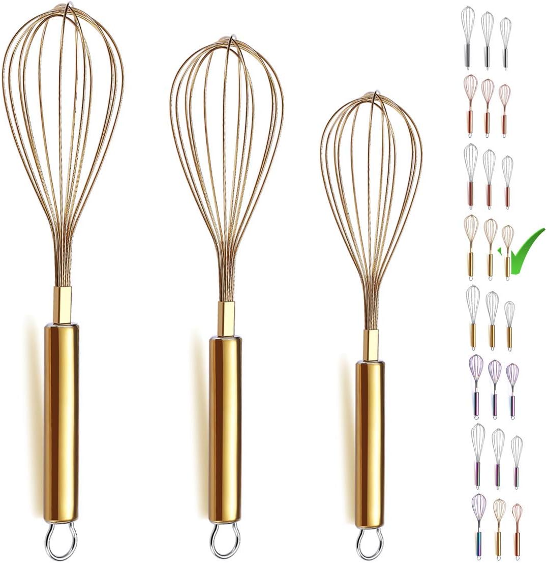 Gold Whisk Pack of 3 Stainless Steel 8",10",12", Titianium Plating Whisks for Cooking, Beater,Wire Whisk Set Kitchen Wisk (Gold)