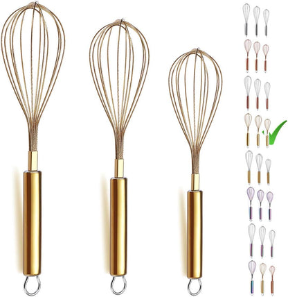 Gold Whisk Pack of 3 Stainless Steel 8",10",12", Titianium Plating Whisks for Cooking, Beater,Wire Whisk Set Kitchen Wisk (Gold)