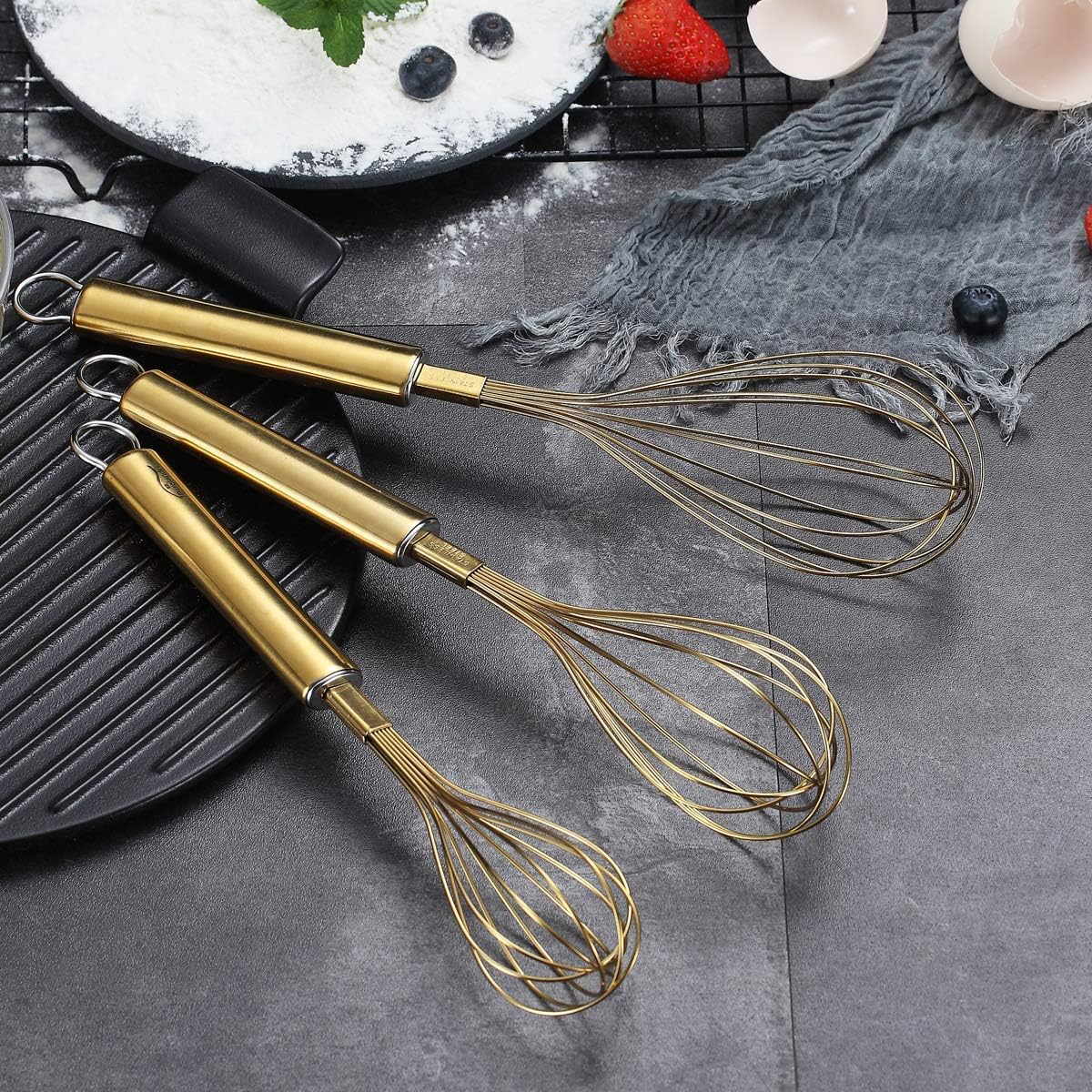 Gold Whisk Pack of 3 Stainless Steel 8",10",12", Titianium Plating Whisks for Cooking, Beater,Wire Whisk Set Kitchen Wisk (Gold)