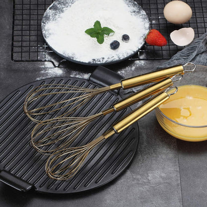 Gold Whisk Pack of 3 Stainless Steel 8",10",12", Titianium Plating Whisks for Cooking, Beater,Wire Whisk Set Kitchen Wisk (Gold)