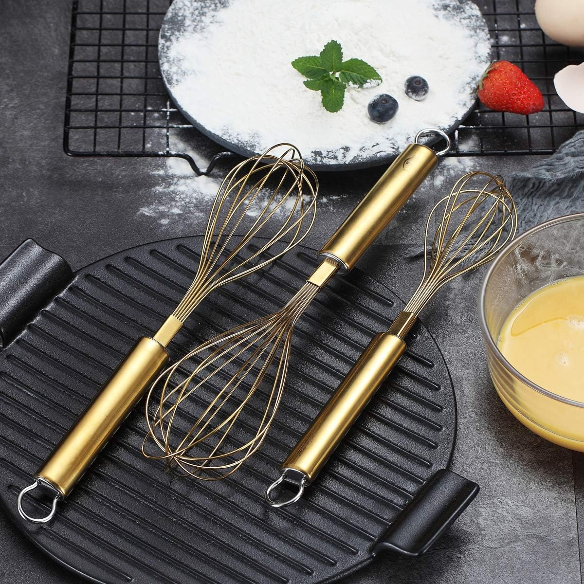 Gold Whisk Pack of 3 Stainless Steel 8",10",12", Titianium Plating Whisks for Cooking, Beater,Wire Whisk Set Kitchen Wisk (Gold)