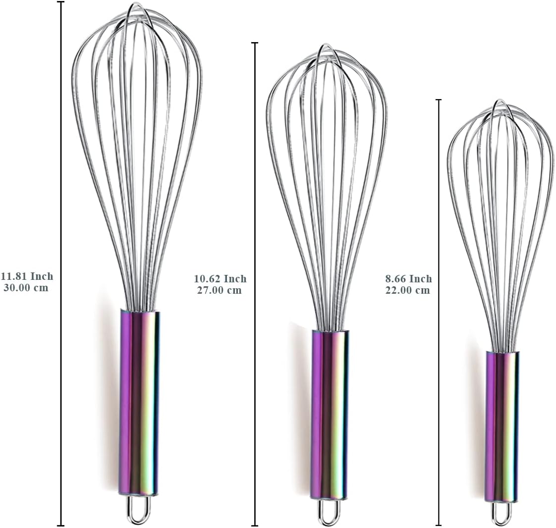 Gold Whisk Pack of 3 Stainless Steel 8",10",12", Titianium Plating Whisks for Cooking, Beater,Wire Whisk Set Kitchen Wisk (Gold)