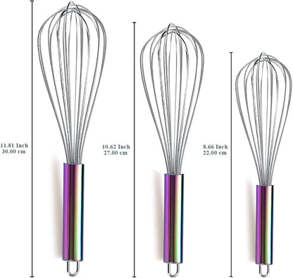 Gold Whisk Pack of 3 Stainless Steel 8",10",12", Titianium Plating Whisks for Cooking, Beater,Wire Whisk Set Kitchen Wisk (Gold)