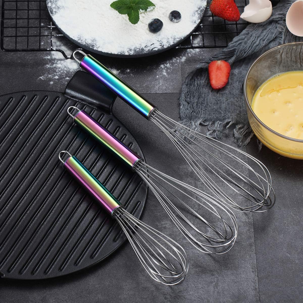 Gold Whisk Pack of 3 Stainless Steel 8",10",12", Titianium Plating Whisks for Cooking, Beater,Wire Whisk Set Kitchen Wisk (Gold)