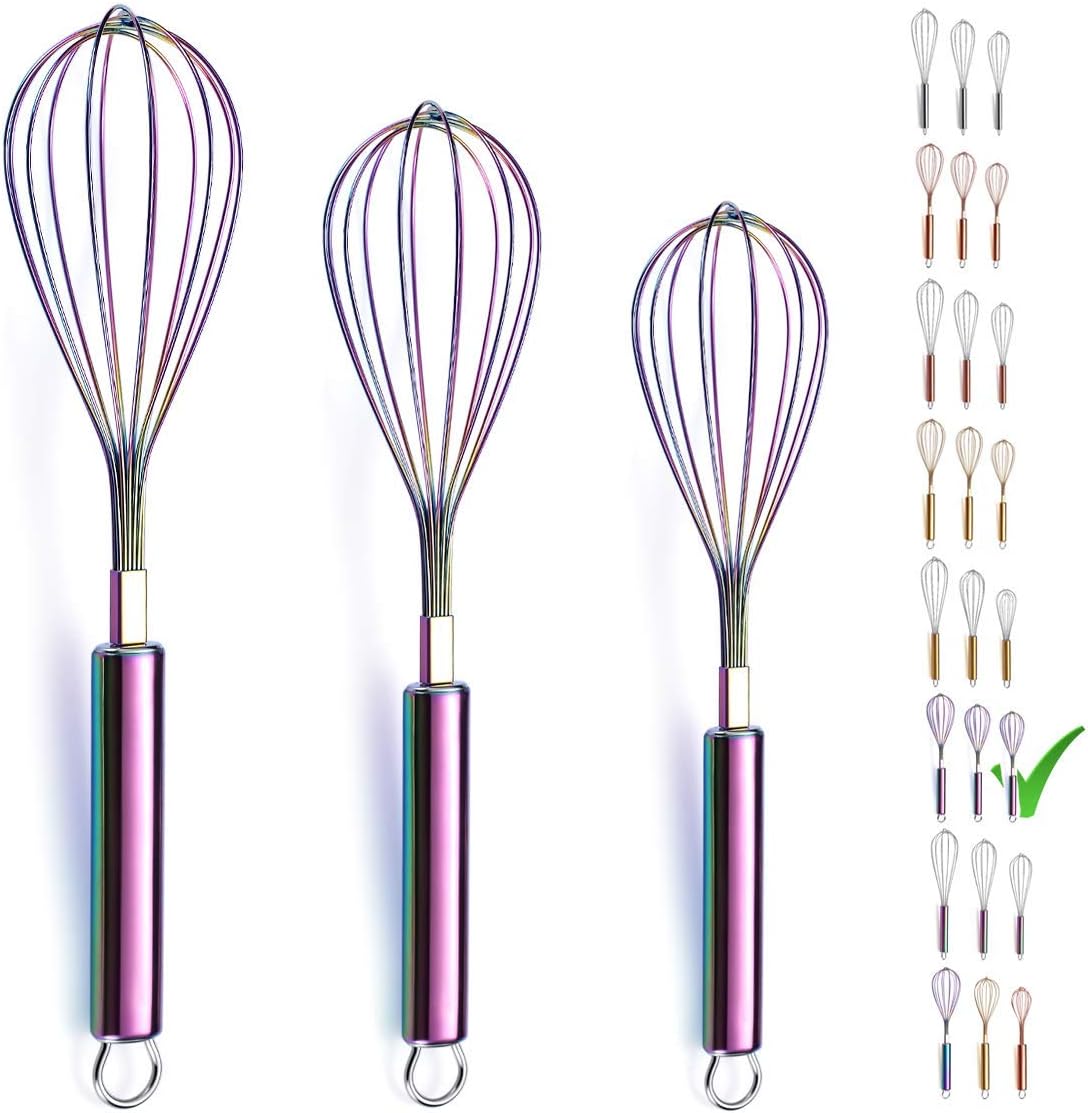 Gold Whisk Pack of 3 Stainless Steel 8",10",12", Titianium Plating Whisks for Cooking, Beater,Wire Whisk Set Kitchen Wisk (Gold)