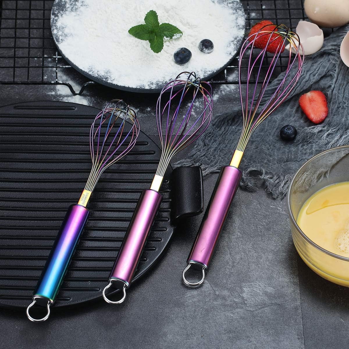 Gold Whisk Pack of 3 Stainless Steel 8",10",12", Titianium Plating Whisks for Cooking, Beater,Wire Whisk Set Kitchen Wisk (Gold)