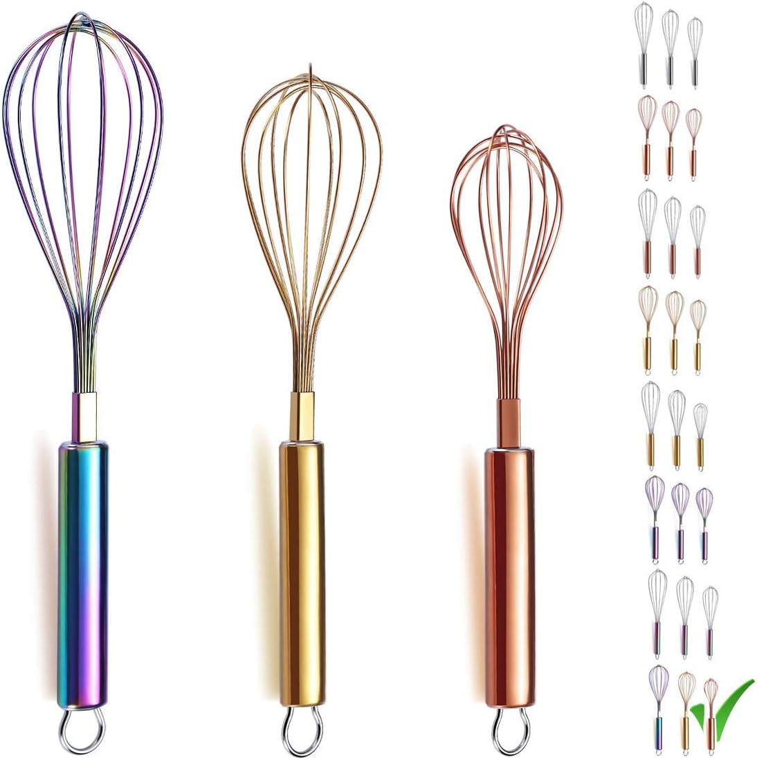 Gold Whisk Pack of 3 Stainless Steel 8",10",12", Titianium Plating Whisks for Cooking, Beater,Wire Whisk Set Kitchen Wisk (Gold)