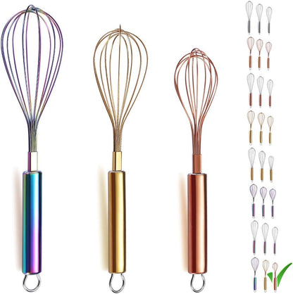 Gold Whisk Pack of 3 Stainless Steel 8",10",12", Titianium Plating Whisks for Cooking, Beater,Wire Whisk Set Kitchen Wisk (Gold)