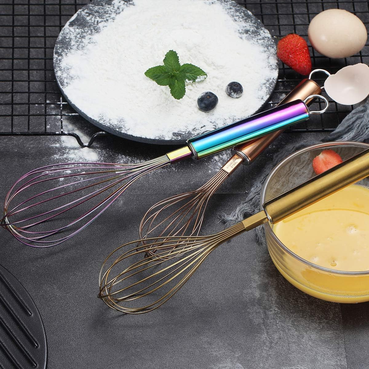 Gold Whisk Pack of 3 Stainless Steel 8",10",12", Titianium Plating Whisks for Cooking, Beater,Wire Whisk Set Kitchen Wisk (Gold)
