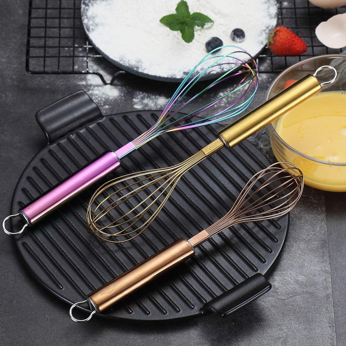 Gold Whisk Pack of 3 Stainless Steel 8",10",12", Titianium Plating Whisks for Cooking, Beater,Wire Whisk Set Kitchen Wisk (Gold)
