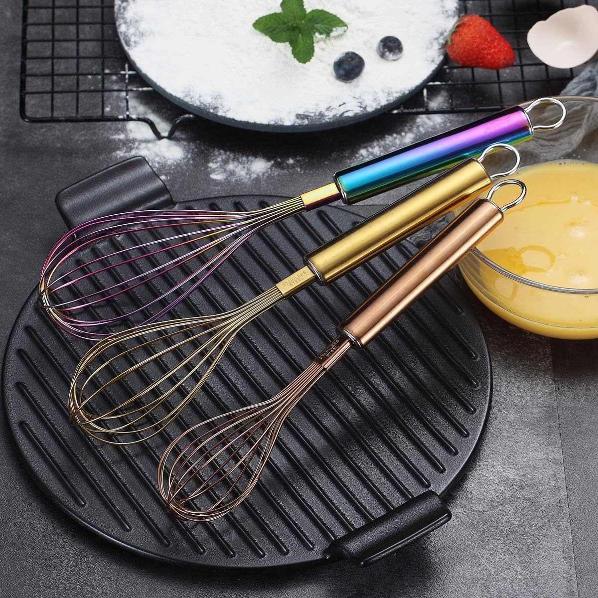 Gold Whisk Pack of 3 Stainless Steel 8",10",12", Titianium Plating Whisks for Cooking, Beater,Wire Whisk Set Kitchen Wisk (Gold)