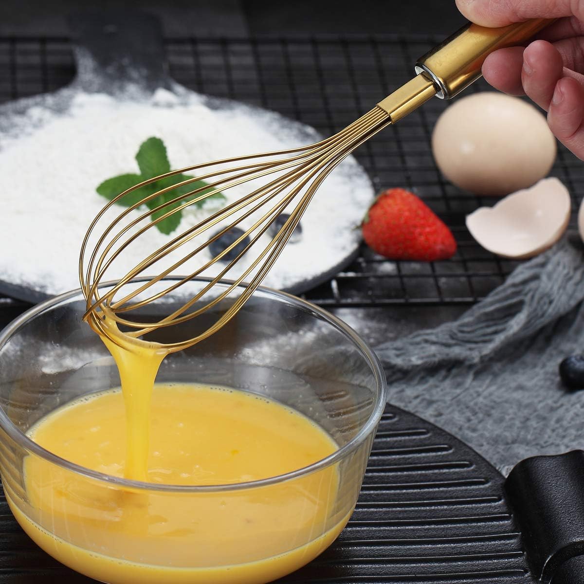 Gold Whisk Pack of 3 Stainless Steel 8",10",12", Titianium Plating Whisks for Cooking, Beater,Wire Whisk Set Kitchen Wisk (Gold)