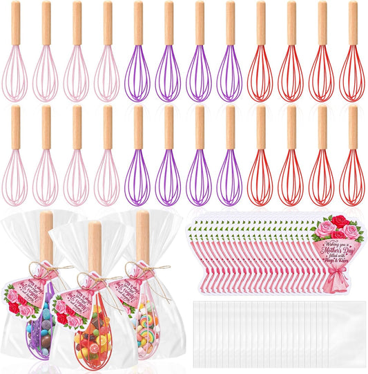 24 Set Mother's Day Party Gifts Set Silicone Whisks with Wooden Handle 9.84 Inch Whisk Baking Supplies Gift with Bouquet Shaped Cards Plastic Bags Ropes for Mom Cooking Mother's Day Party Gift