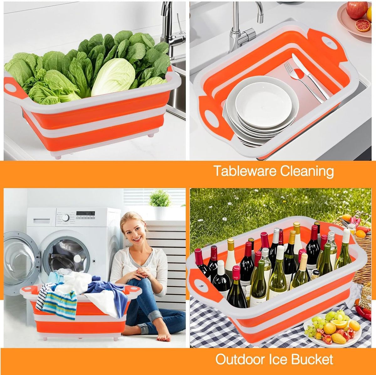 Collapsible BBQ Prep Tub/Cutting Board 10L, Foldable Dish Tub with Colander, Portable Camping Sink, Multifunction Dishing Basin Bucket Wash Tub for Kitchen Fruit Vegetable Picnic (Orange)