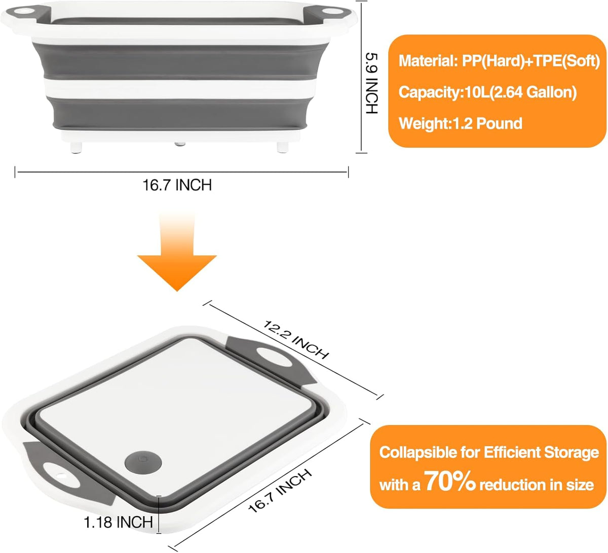 Collapsible BBQ Prep Tub/Cutting Board 10L, Foldable Dish Tub with Colander, Portable Camping Sink, Multifunction Dishing Basin Bucket Wash Tub for Kitchen Fruit Vegetable Picnic (Orange)