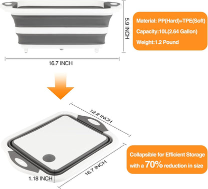 Collapsible BBQ Prep Tub/Cutting Board 10L, Foldable Dish Tub with Colander, Portable Camping Sink, Multifunction Dishing Basin Bucket Wash Tub for Kitchen Fruit Vegetable Picnic (Orange)