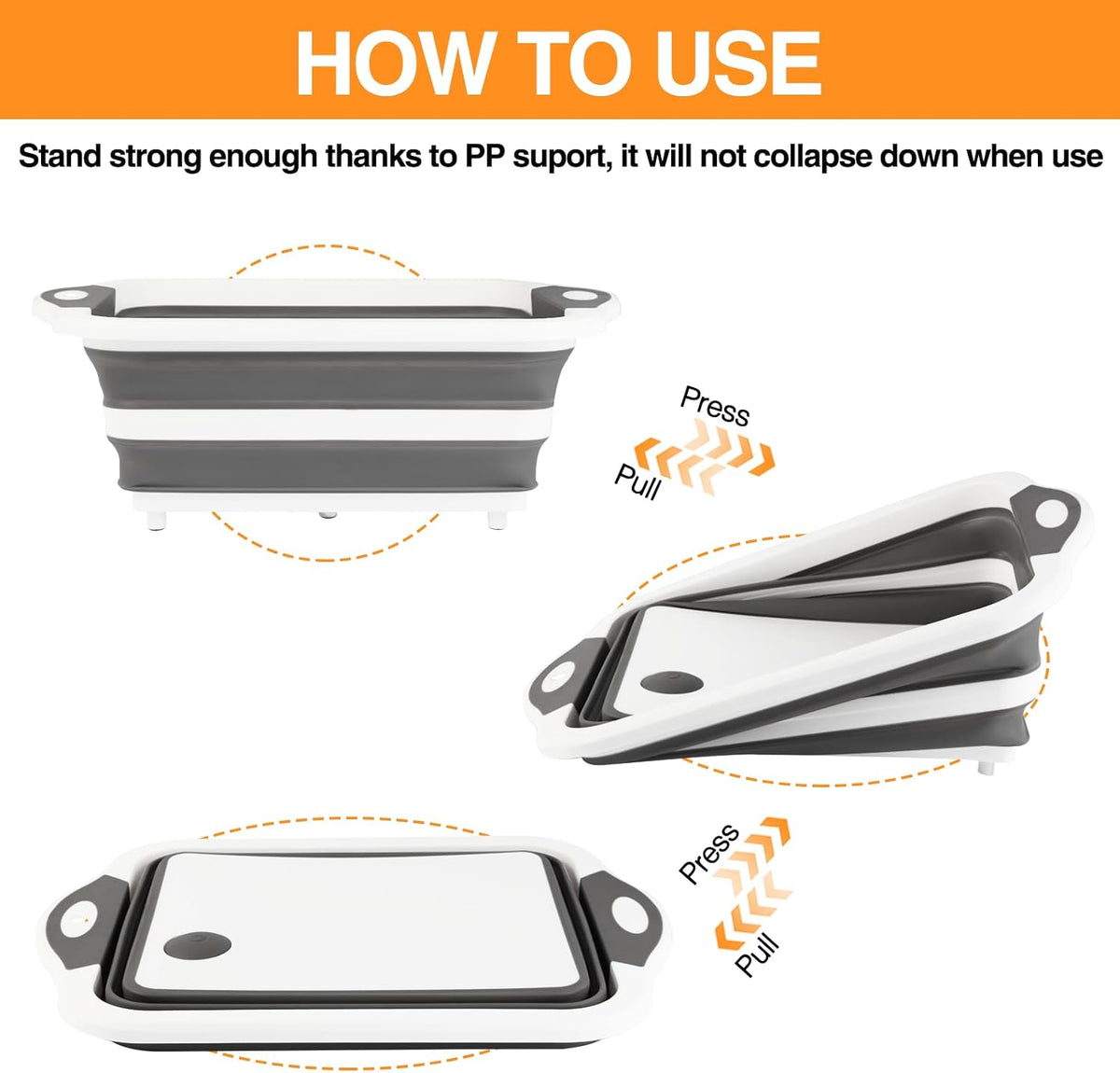 Collapsible BBQ Prep Tub/Cutting Board 10L, Foldable Dish Tub with Colander, Portable Camping Sink, Multifunction Dishing Basin Bucket Wash Tub for Kitchen Fruit Vegetable Picnic (Orange)