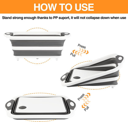Collapsible BBQ Prep Tub/Cutting Board 10L, Foldable Dish Tub with Colander, Portable Camping Sink, Multifunction Dishing Basin Bucket Wash Tub for Kitchen Fruit Vegetable Picnic (Orange)