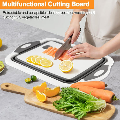 Collapsible BBQ Prep Tub/Cutting Board 10L, Foldable Dish Tub with Colander, Portable Camping Sink, Multifunction Dishing Basin Bucket Wash Tub for Kitchen Fruit Vegetable Picnic (Orange)