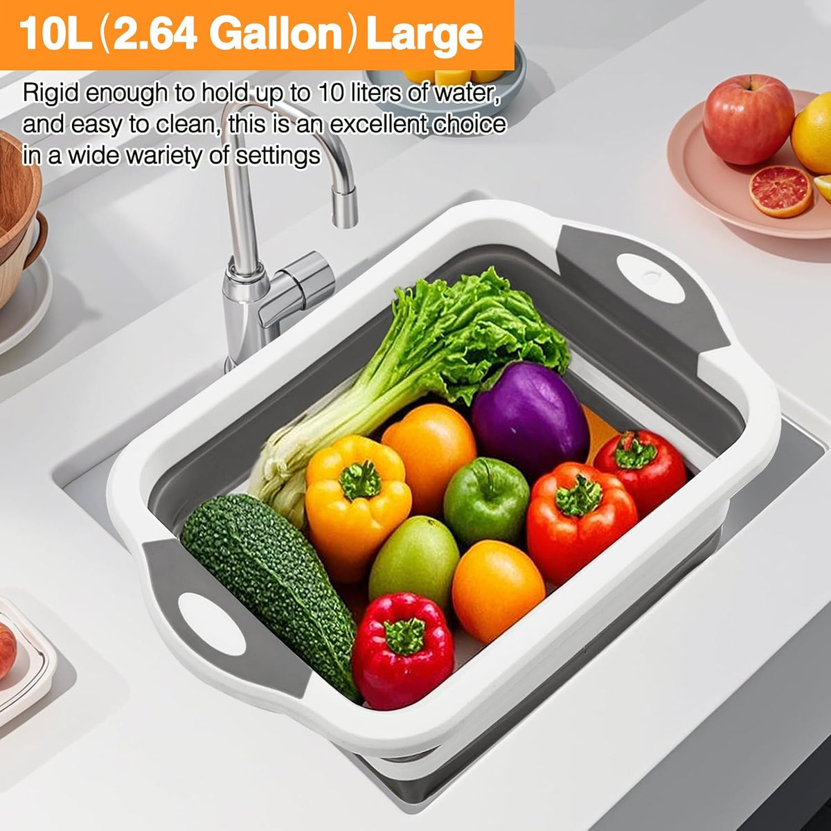 Collapsible BBQ Prep Tub/Cutting Board 10L, Foldable Dish Tub with Colander, Portable Camping Sink, Multifunction Dishing Basin Bucket Wash Tub for Kitchen Fruit Vegetable Picnic (Orange)