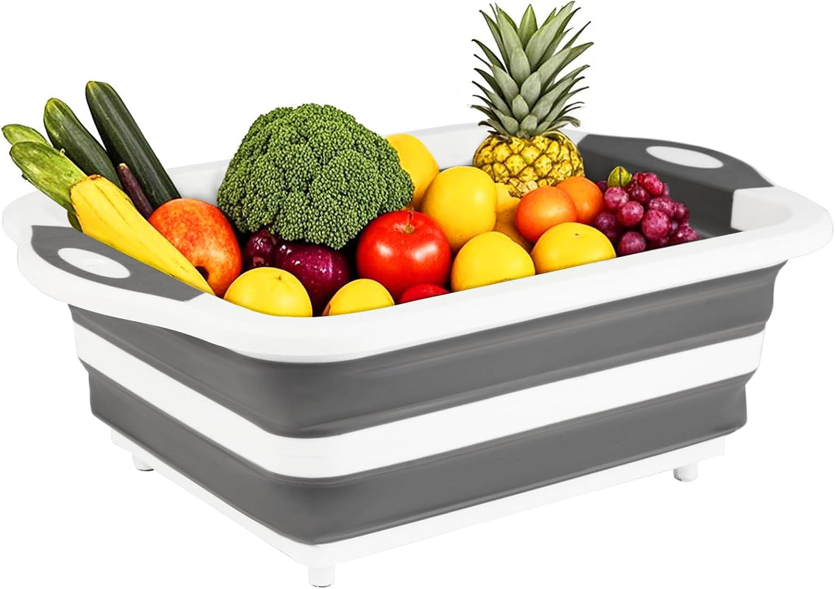 Collapsible BBQ Prep Tub/Cutting Board 10L, Foldable Dish Tub with Colander, Portable Camping Sink, Multifunction Dishing Basin Bucket Wash Tub for Kitchen Fruit Vegetable Picnic (Orange)