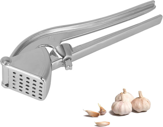 Professional Garlic Press, Aluminum Alloy Heavy-Duty Garlic Mincer Crusher, Easy Squeeze Masher Rocker Tool with Ergonomic Handle, Dishwasher Safe Kitchen Gadget Essential (Silver)