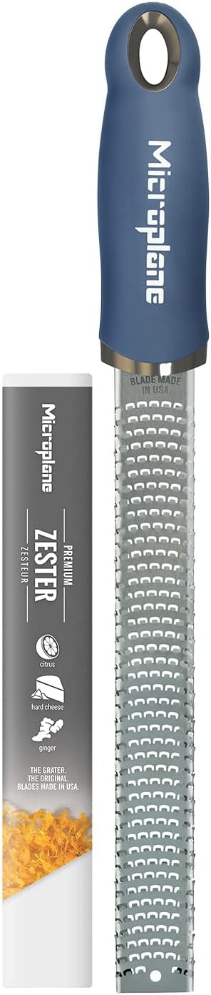 Premium Zester Grater in Denim Blue | Lemon Zester tool, Hard Cheese & Vegetable Grater | For Citrus, Parmesan Cheese, Garlic, Ginger, Nutmeg | Fine Stainless Steel Blade, Made in USA