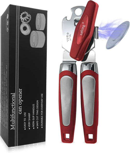 Can Opener Manual with Magnet, Stainless Steel Handheld Heavy Duty Can Opener, Sharp Blade Smooth Edge, Comfortable Handle, Can Openers with Multifunctional Bottle Opener, Red