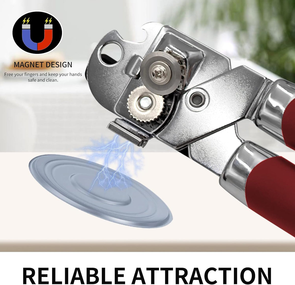 Can Opener Manual with Magnet, Stainless Steel Handheld Heavy Duty Can Opener, Sharp Blade Smooth Edge, Comfortable Handle, Can Openers with Multifunctional Bottle Opener, Red