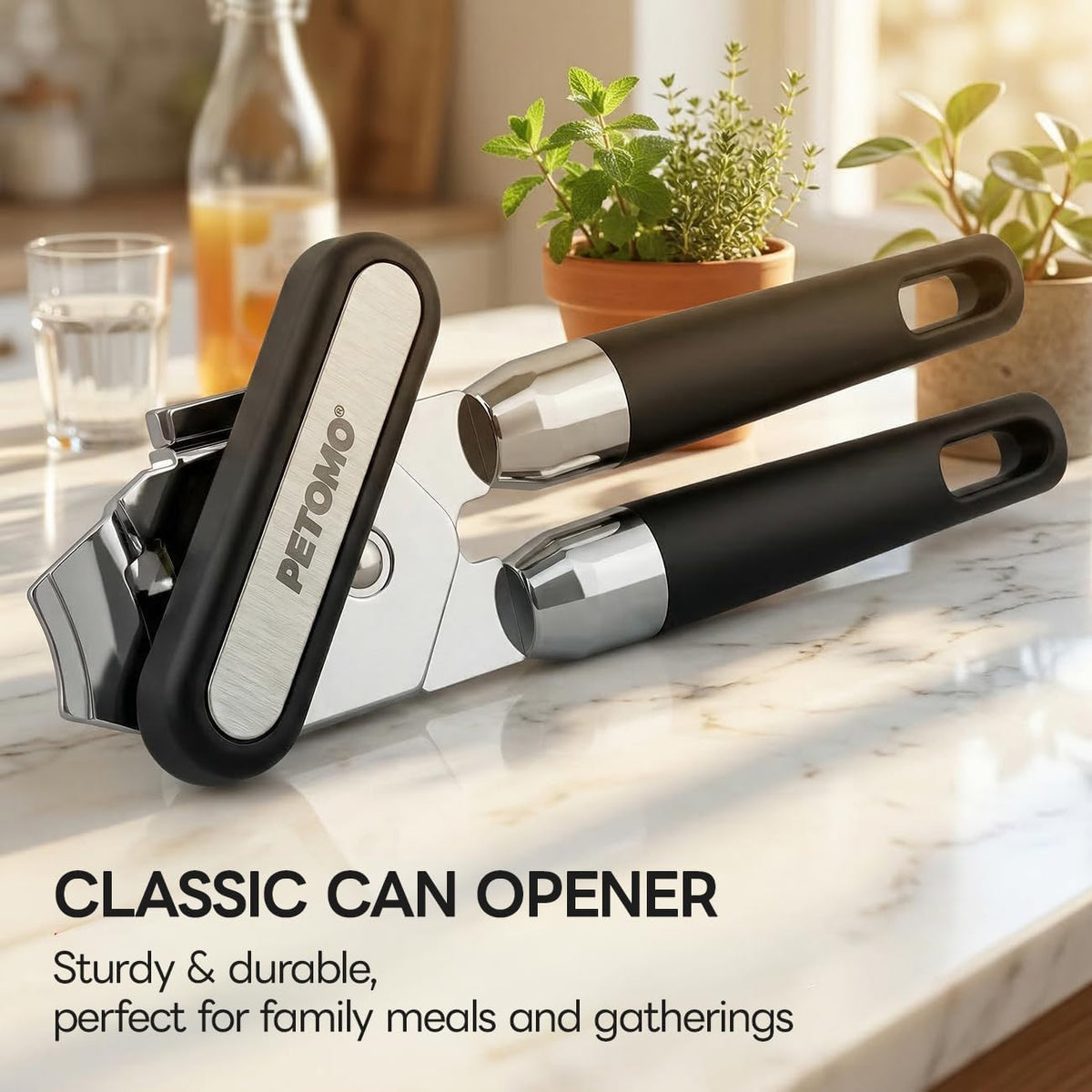 Stainless Steel Manual Can Opener with Bottle Opener - Razor Sharp Cutting Wheel, Soft Ergonomic Grip Handles, Oversized Easy-Turn Knob, Smooth Edge Safe Operation, Black