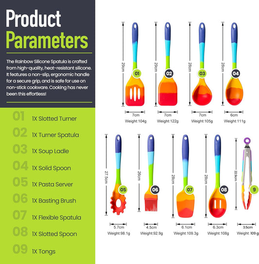 9-Piece Rainbow Silicone Spatula Set with Tongs – Multicolor Heat-Resistant Cooking Utensils for Nonstick Cookware – Flexible Turner, Spoon, Spatula, Brush, FDA Safe