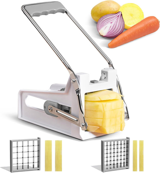 French Fry Cutter with 2 Stainless Steel Blades | Potato Cutter for Slicing Potatoes, Carrots, Cucumbers & Onions | Non-Slip Base, Durable Plastic Design | Grey & White Kitchen Gadget