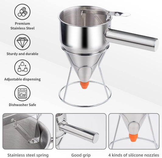 20oz Pancake Batter Dispenser, Multi-Caliber Stainless Steel Funnel Cake Dispenser with Stand Great for Pancakes, Cupcakes or Any Baked Goods