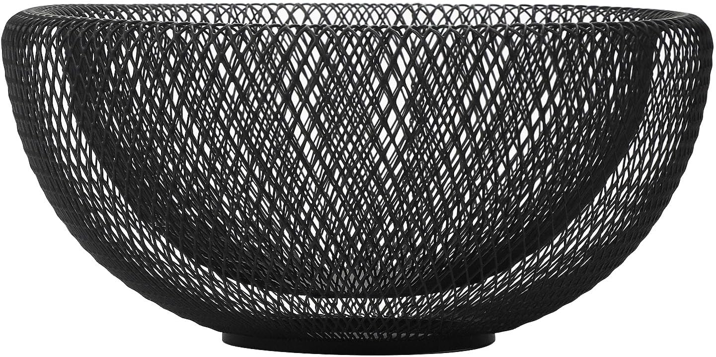 Metal Wire Woven Fruit Storage Bowl Basket for Kitchen, Large Black Mesh Fruit Stand, for Apple, Pineapple, Banana, Orange, Lemon, Pear, Strawberry, Watermelon (Black, Nomal)
