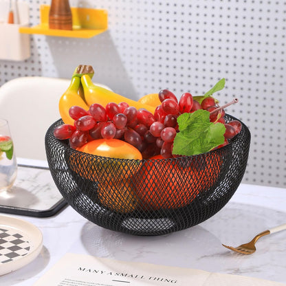 Metal Wire Woven Fruit Storage Bowl Basket for Kitchen, Large Black Mesh Fruit Stand, for Apple, Pineapple, Banana, Orange, Lemon, Pear, Strawberry, Watermelon (Black, Nomal)