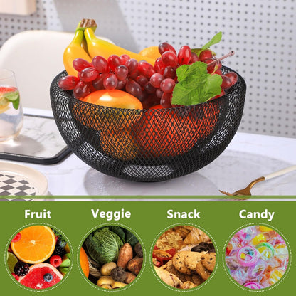 Metal Wire Woven Fruit Storage Bowl Basket for Kitchen, Large Black Mesh Fruit Stand, for Apple, Pineapple, Banana, Orange, Lemon, Pear, Strawberry, Watermelon (Black, Nomal)