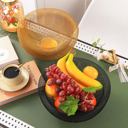 Metal Wire Woven Fruit Storage Bowl Basket for Kitchen, Large Black Mesh Fruit Stand, for Apple, Pineapple, Banana, Orange, Lemon, Pear, Strawberry, Watermelon (Black, Nomal)