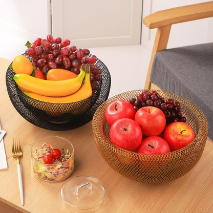 Metal Wire Woven Fruit Storage Bowl Basket for Kitchen, Large Black Mesh Fruit Stand, for Apple, Pineapple, Banana, Orange, Lemon, Pear, Strawberry, Watermelon (Black, Nomal)