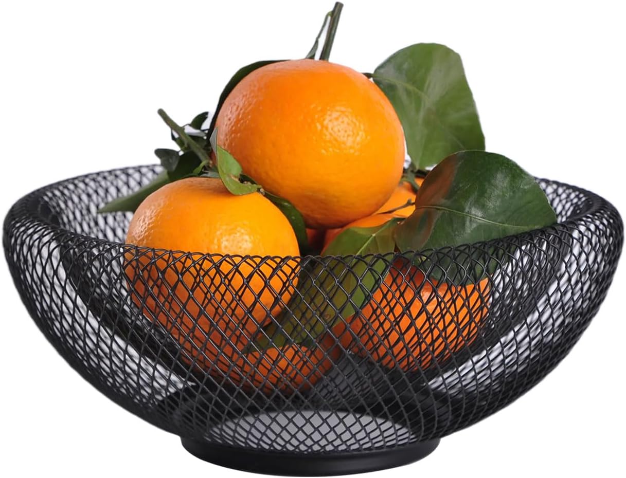 Metal Wire Woven Fruit Storage Bowl Basket for Kitchen, Large Black Mesh Fruit Stand, for Apple, Pineapple, Banana, Orange, Lemon, Pear, Strawberry, Watermelon (Black, Nomal)