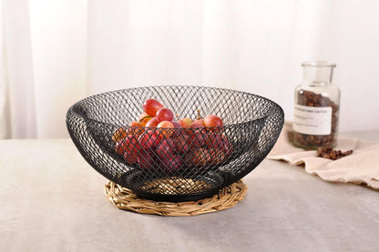 Metal Wire Woven Fruit Storage Bowl Basket for Kitchen, Large Black Mesh Fruit Stand, for Apple, Pineapple, Banana, Orange, Lemon, Pear, Strawberry, Watermelon (Black, Nomal)