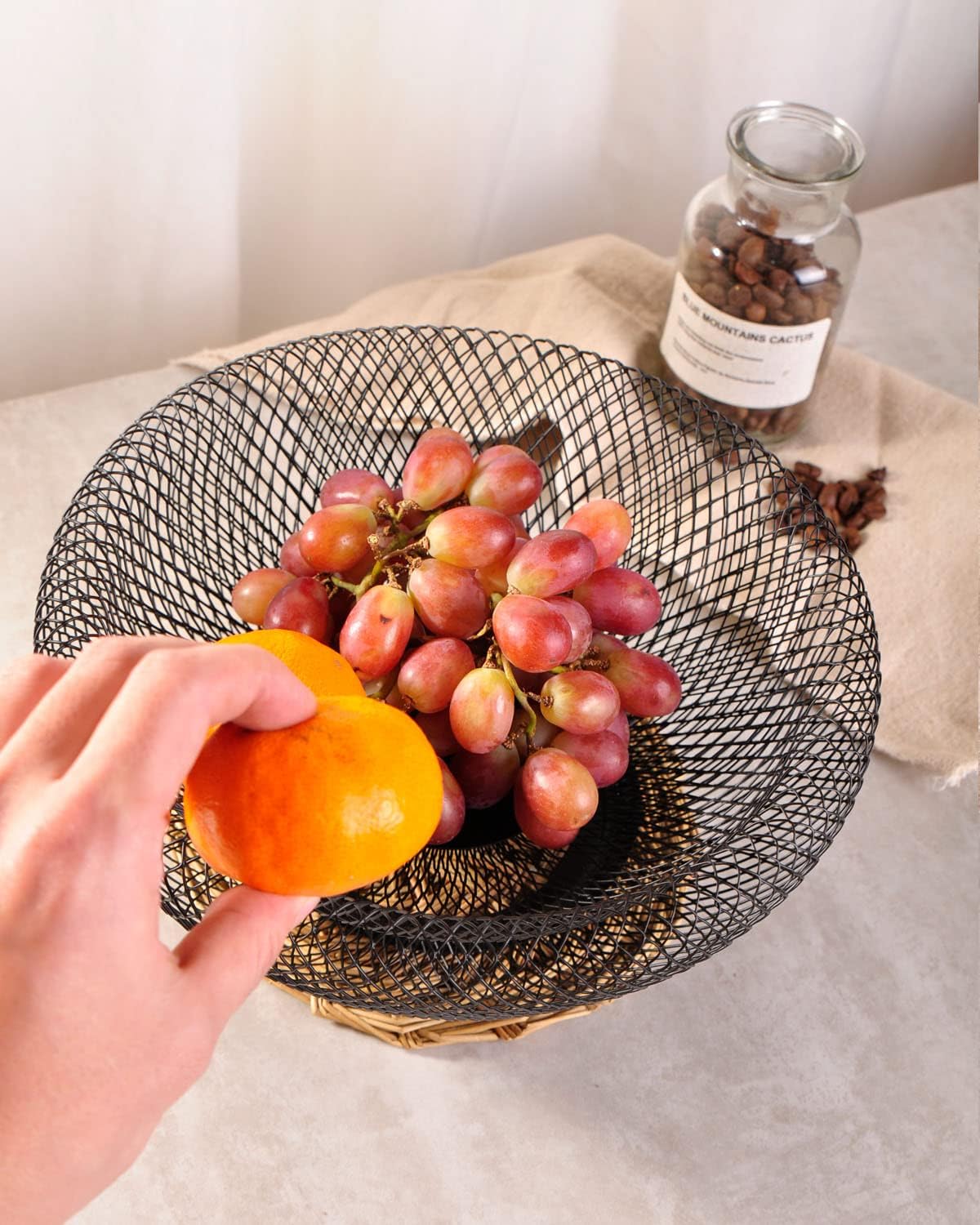 Metal Wire Woven Fruit Storage Bowl Basket for Kitchen, Large Black Mesh Fruit Stand, for Apple, Pineapple, Banana, Orange, Lemon, Pear, Strawberry, Watermelon (Black, Nomal)