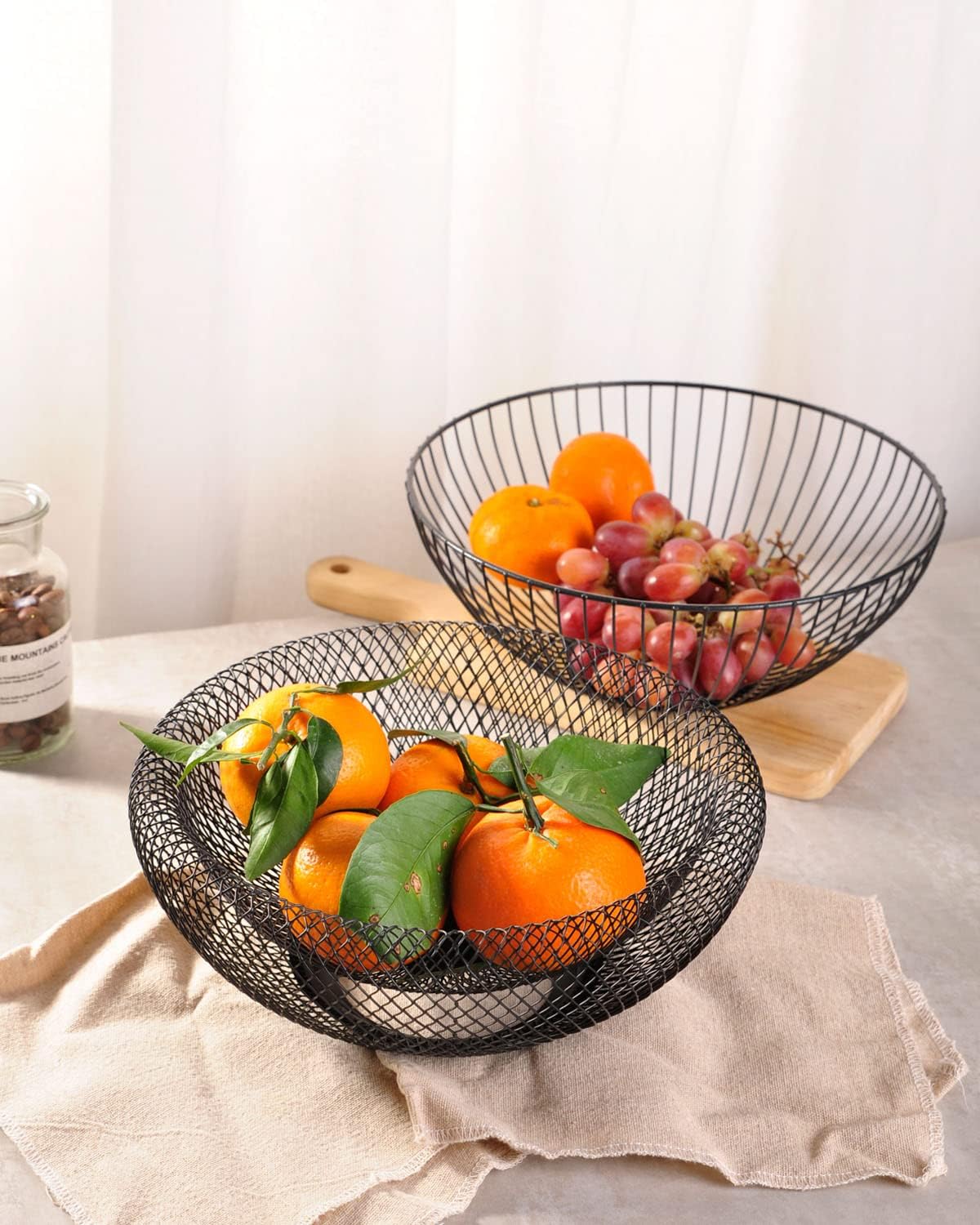 Metal Wire Woven Fruit Storage Bowl Basket for Kitchen, Large Black Mesh Fruit Stand, for Apple, Pineapple, Banana, Orange, Lemon, Pear, Strawberry, Watermelon (Black, Nomal)