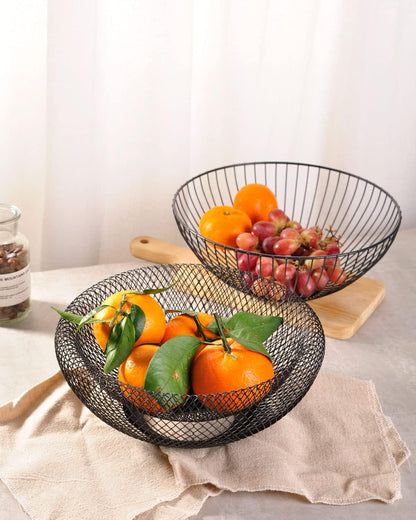 Metal Wire Woven Fruit Storage Bowl Basket for Kitchen, Large Black Mesh Fruit Stand, for Apple, Pineapple, Banana, Orange, Lemon, Pear, Strawberry, Watermelon (Black, Nomal)
