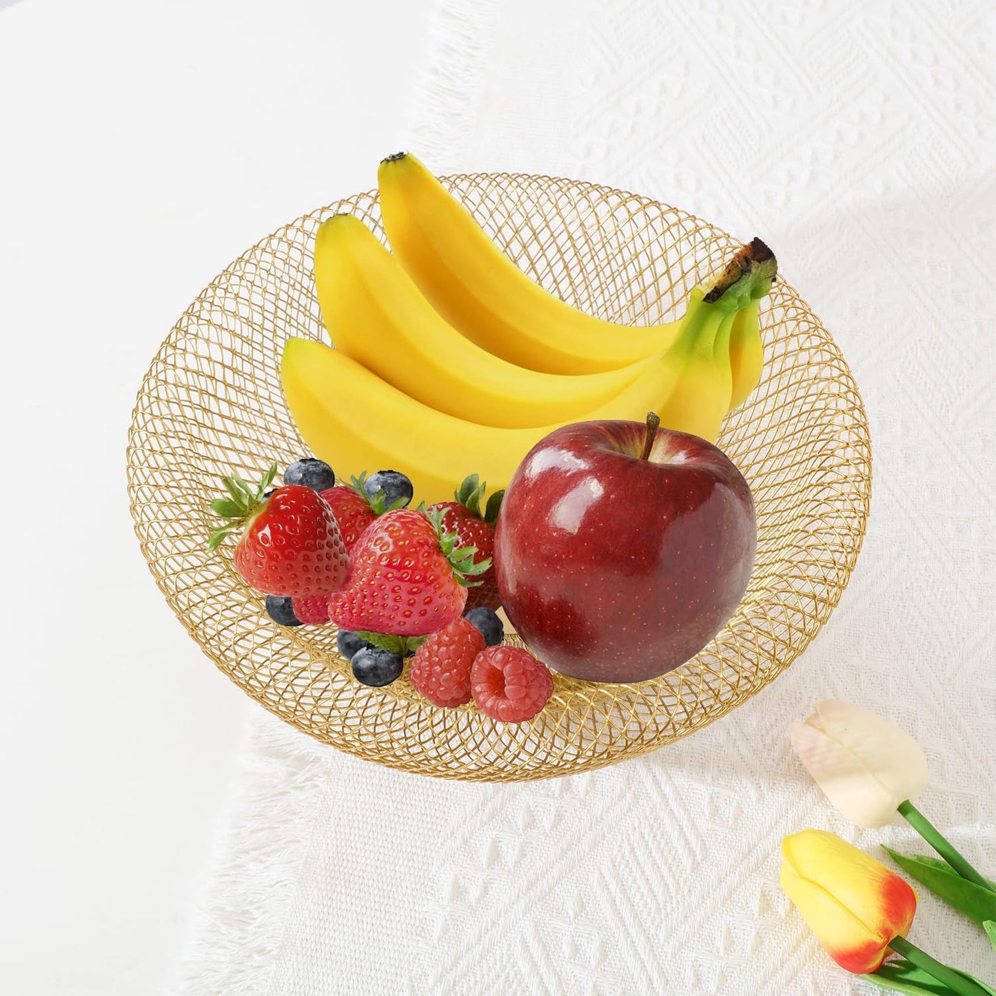 Metal Wire Woven Fruit Storage Bowl Basket for Kitchen, Large Black Mesh Fruit Stand, for Apple, Pineapple, Banana, Orange, Lemon, Pear, Strawberry, Watermelon (Black, Nomal)