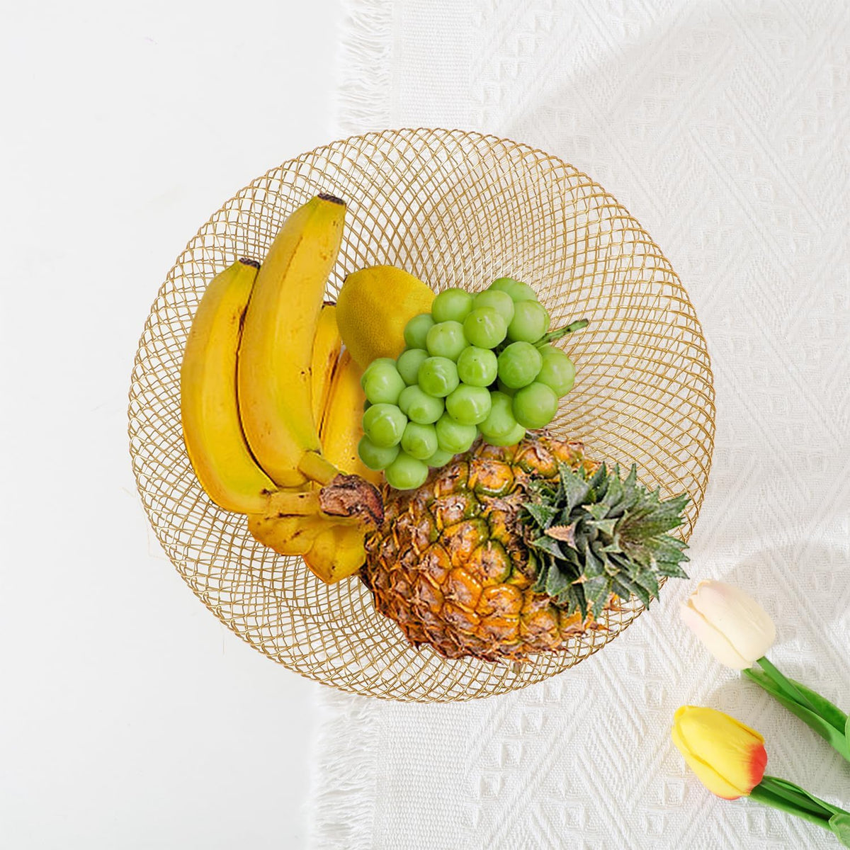 Metal Wire Woven Fruit Storage Bowl Basket for Kitchen, Large Black Mesh Fruit Stand, for Apple, Pineapple, Banana, Orange, Lemon, Pear, Strawberry, Watermelon (Black, Nomal)