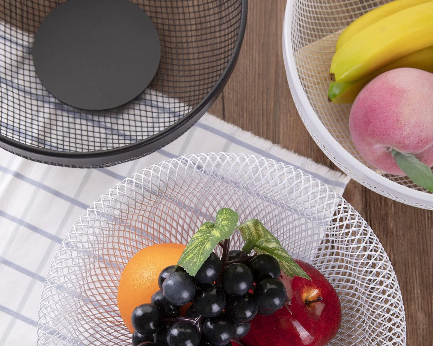 Metal Wire Woven Fruit Storage Bowl Basket for Kitchen, Large Black Mesh Fruit Stand, for Apple, Pineapple, Banana, Orange, Lemon, Pear, Strawberry, Watermelon (Black, Nomal)