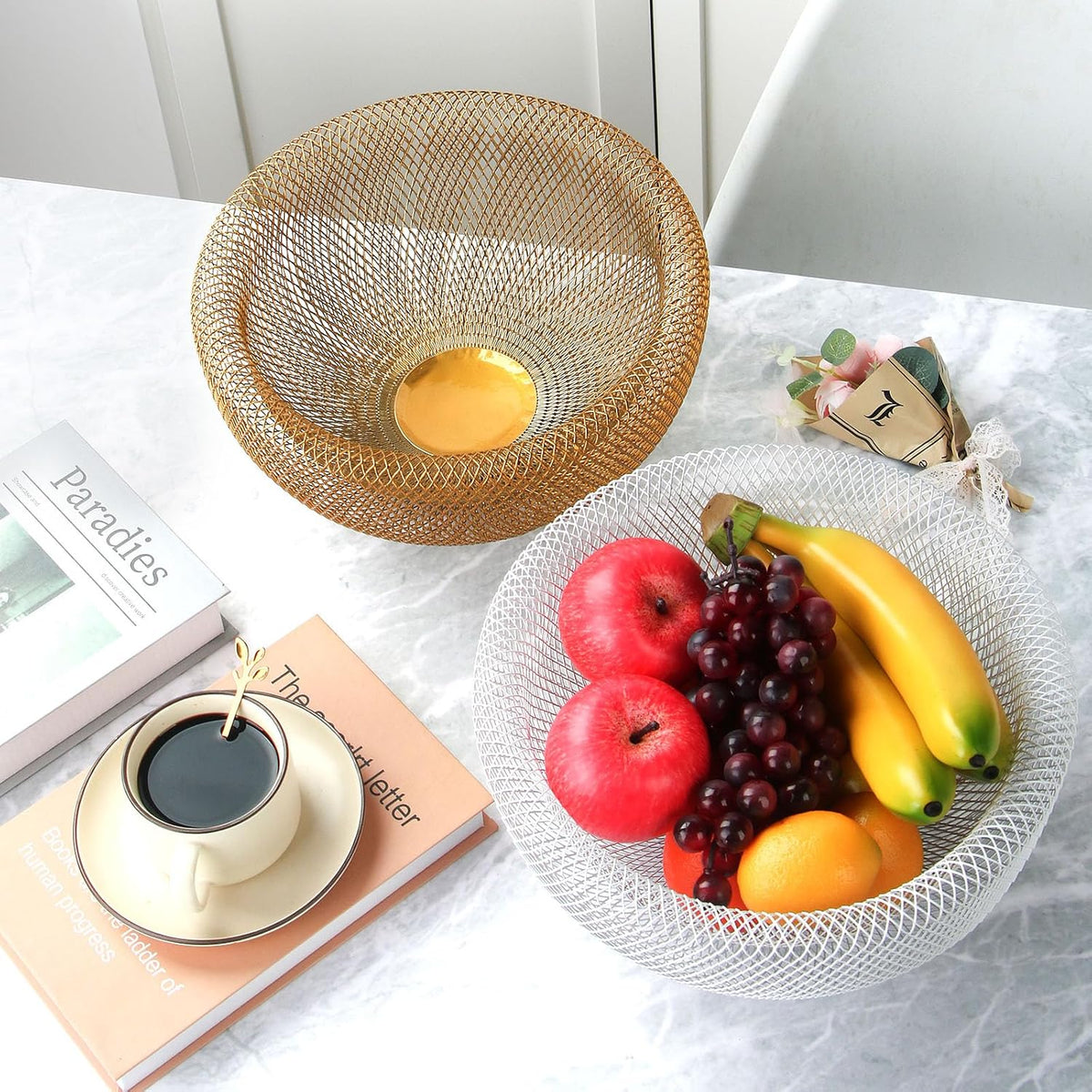 Metal Wire Woven Fruit Storage Bowl Basket for Kitchen, Large Black Mesh Fruit Stand, for Apple, Pineapple, Banana, Orange, Lemon, Pear, Strawberry, Watermelon (Black, Nomal)