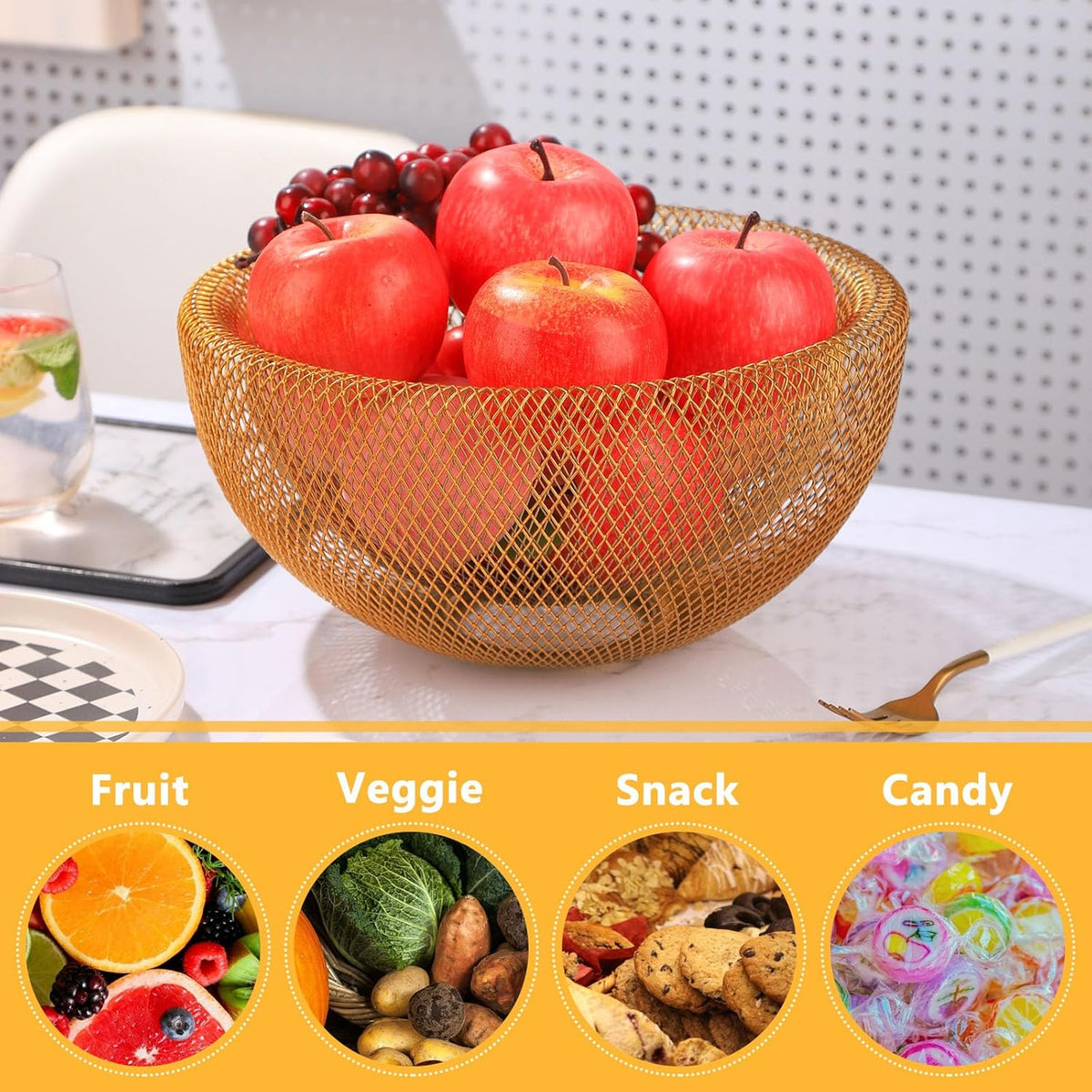 Metal Wire Woven Fruit Storage Bowl Basket for Kitchen, Large Black Mesh Fruit Stand, for Apple, Pineapple, Banana, Orange, Lemon, Pear, Strawberry, Watermelon (Black, Nomal)